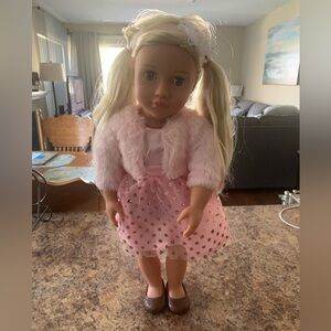 NWOT Our Generation Battat 18" Doll Blonde Hair Blue Eyes Pink Sparkly Outwear